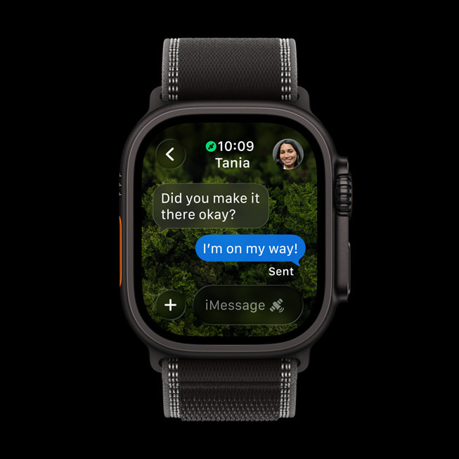 Interface of the Apple Watch Ultra 3 showing a satellite message being sent.